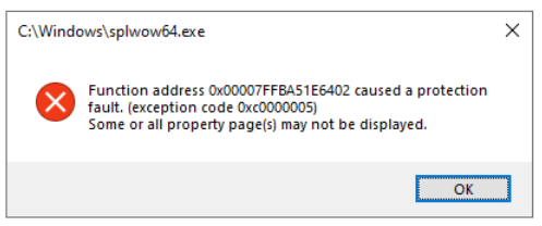 Function address (x) caused a protection fault. (exception Function address (x) caused a protection fault. (exception